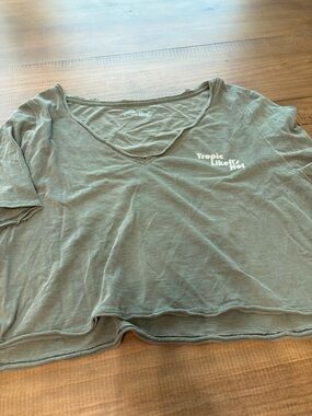 aerie Olive Green V-Neck Crop Top with 'Tropic Like It's Hot' Print